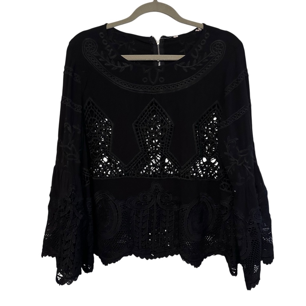 Soft Surroundings Black Crochet Lace Sleeve Arlette Blouse Small .